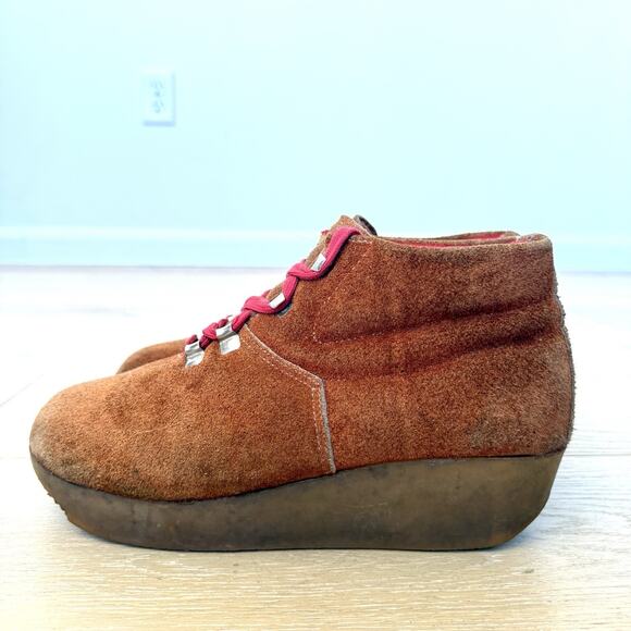 Vintage Brown Suede Hiking Boot red lining gum sole Wedge Lace Up Women 9 - Picture 3 of 10